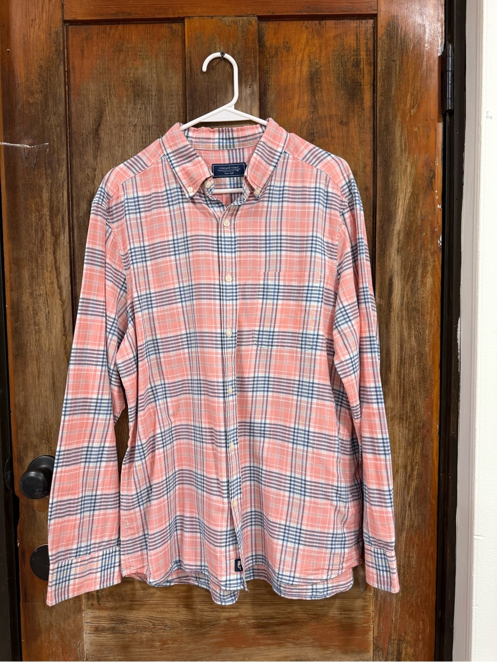 Vineyard Vines Coral and Navy Plaid Button-Down Shirt